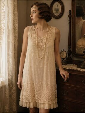 Sleeveless Cream Lace-Embellished Midi Dress